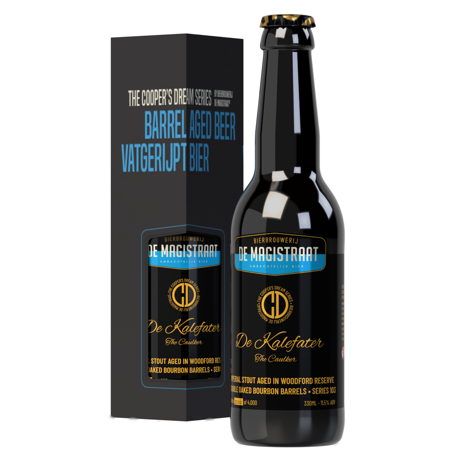 Kalefater-barrel-aged-woodford-bourbon-de-magistraat-33-cl-met-doos