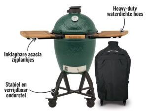 Big Green Egg Large - met intEGGrated onderstel, acacia zijplankjes en hoes - Inklapbare acacia zijplankjes, Stabiel en verrijdbaar onderstel, Heavy-duty waterdichte hoes