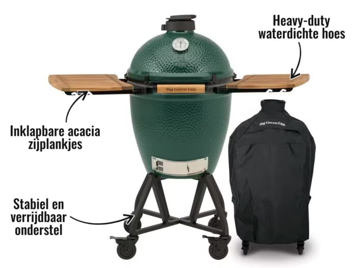 Big Green Egg Large - met intEGGrated onderstel, acacia zijplankjes en hoes - Inklapbare acacia zijplankjes, Stabiel en verrijdbaar onderstel, Heavy-duty waterdichte hoes