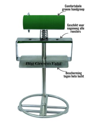 Cast iron / RVS grid lifter Big Green Egg - Comfortabele groene handgreep, Bescherming tegen hete lucht, Geschikt voor nagenoeg alle roosters