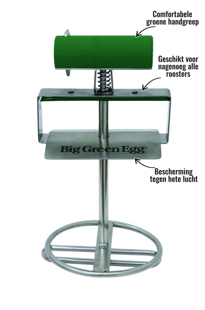 Cast iron / RVS grid lifter Big Green Egg - Comfortabele groene handgreep, Bescherming tegen hete lucht, Geschikt voor nagenoeg alle roosters