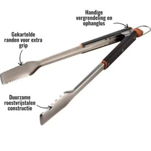 BBQ-tang Traeger - Handige vergrendeling en ophanglus, Gekartelde randen voor extra grip, Duurzame roestvrijstalen constructie