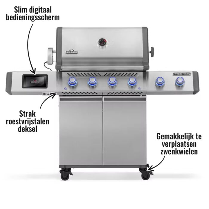 Napoleon Prestige Pro 500 - Slim digitaal bedieningsscherm, Strak roestvrijstalen deksel, Gemakkelijk te verplaatsen zwenkwielen